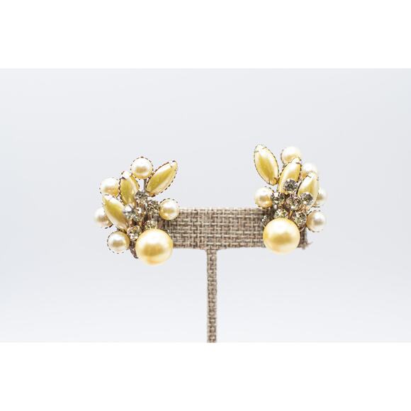 Vintage 60s Cathé Baroque Statement Earrings, Signed Rhinestone Pearl Clip-Ons - Picture 1 of 16